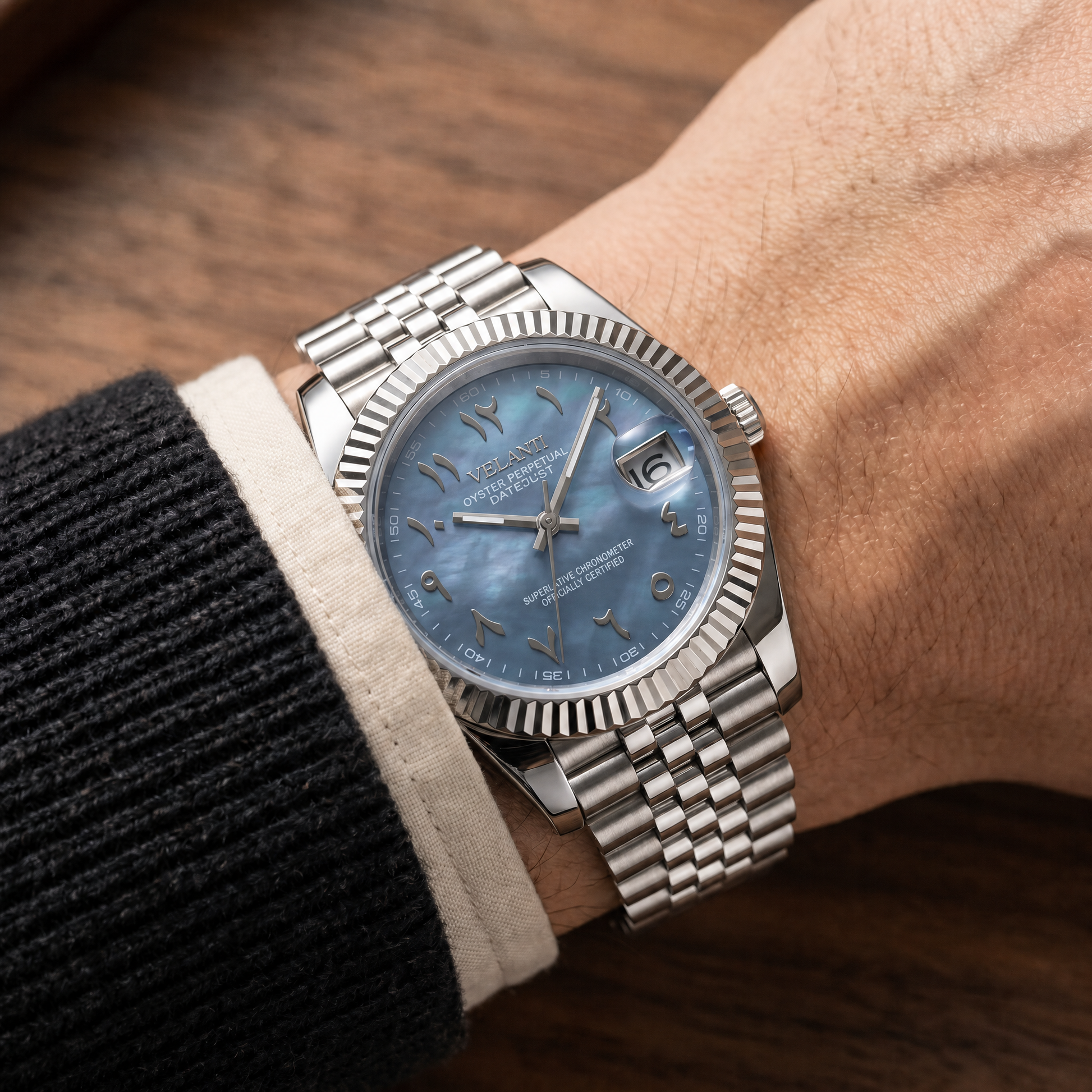 Datejust-style custom mod watch, Velanti Milano Veljust Arabic Cosmos, product photo 5