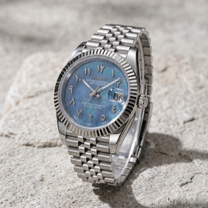 Datejust-style custom automatic watch, Velanti Milano Veljust Arabic Cosmos, bracelet detail photo