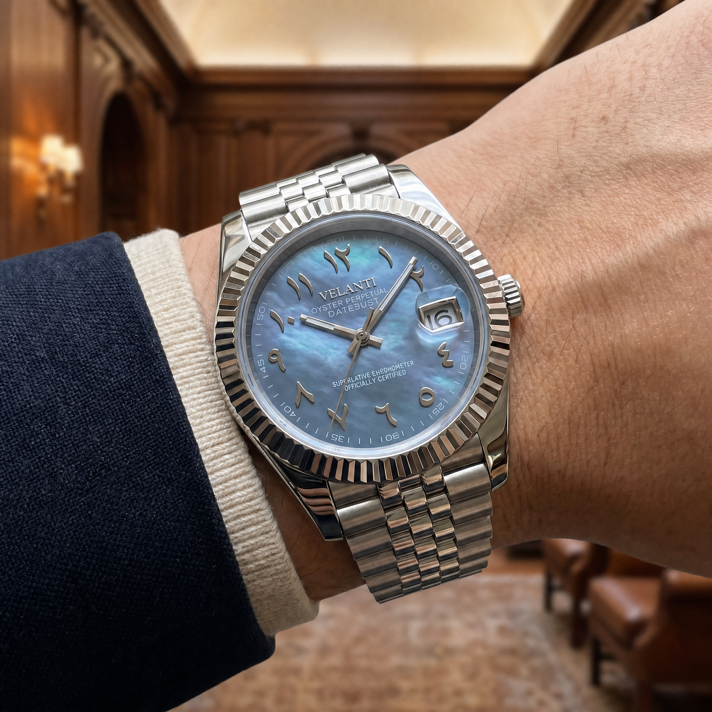 Datejust-style custom mod watch, Velanti Milano Veljust Arabic Cosmos, product photo 7