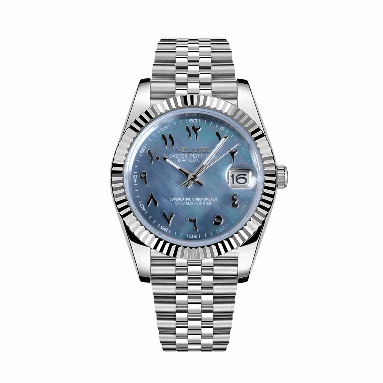 Datejust-style custom mod watch, Velanti Milano Veljust Arabic Cosmos, main product photo