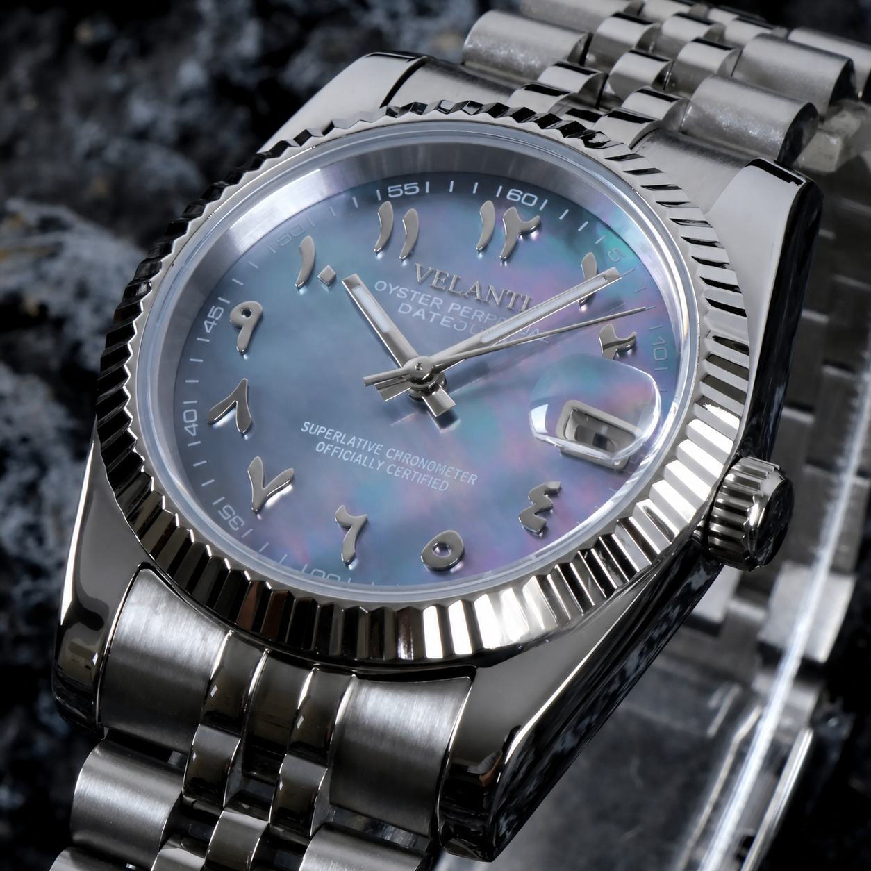 Datejust-style custom mod watch, Velanti Milano Veljust Arabic Cosmos, product photo 3