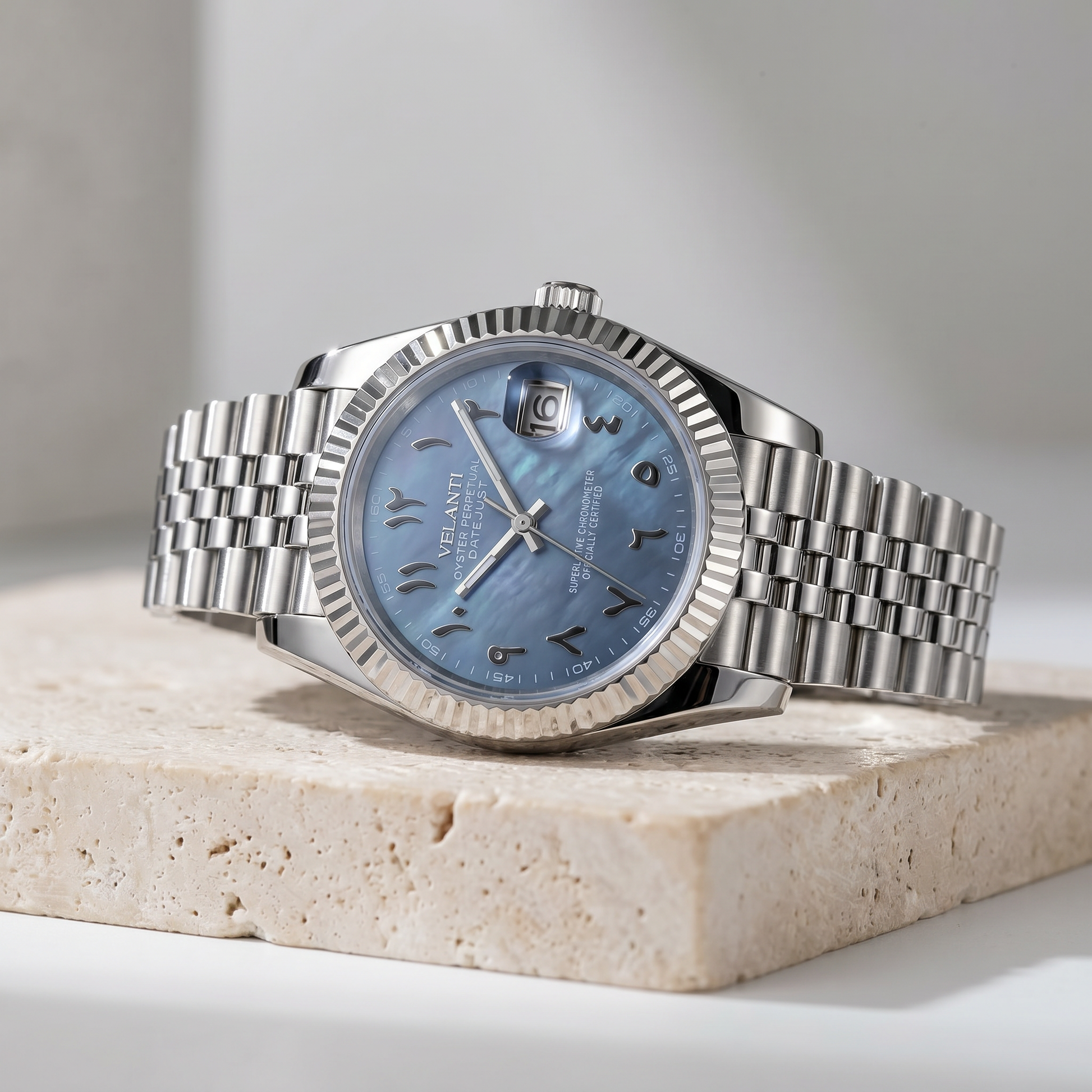Datejust-style custom mod watch, Velanti Milano Veljust Arabic Cosmos, product photo 2