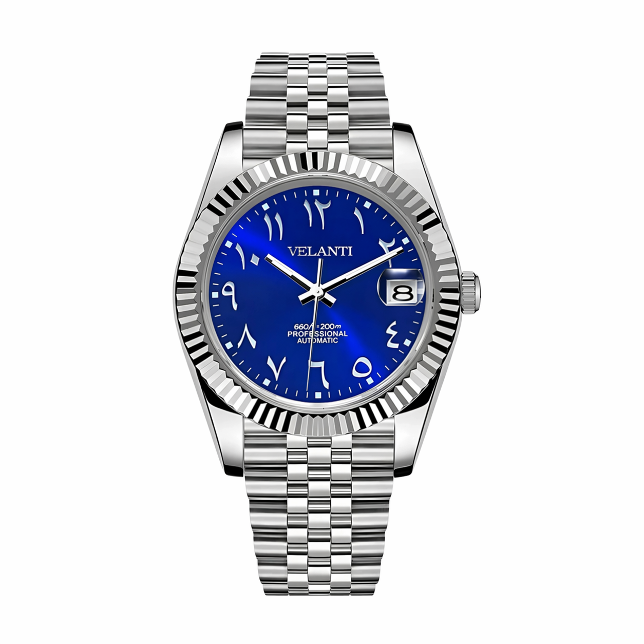 Datejust-style custom mod watch, Velanti Milano Veljust Arabic Royal Blue, main product photo