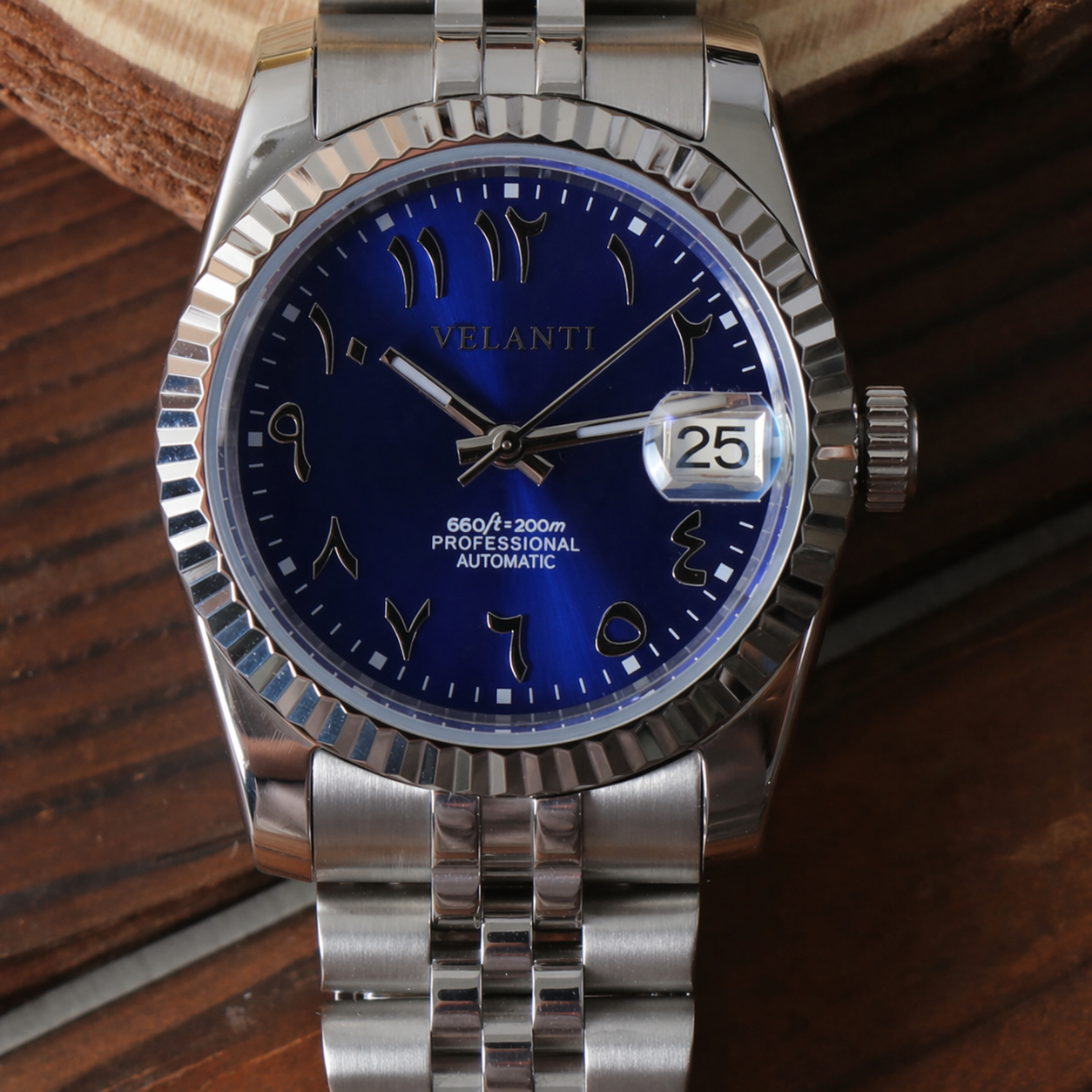 Datejust-style custom mod watch, Velanti Milano Veljust Arabic Royal Blue, product photo 4