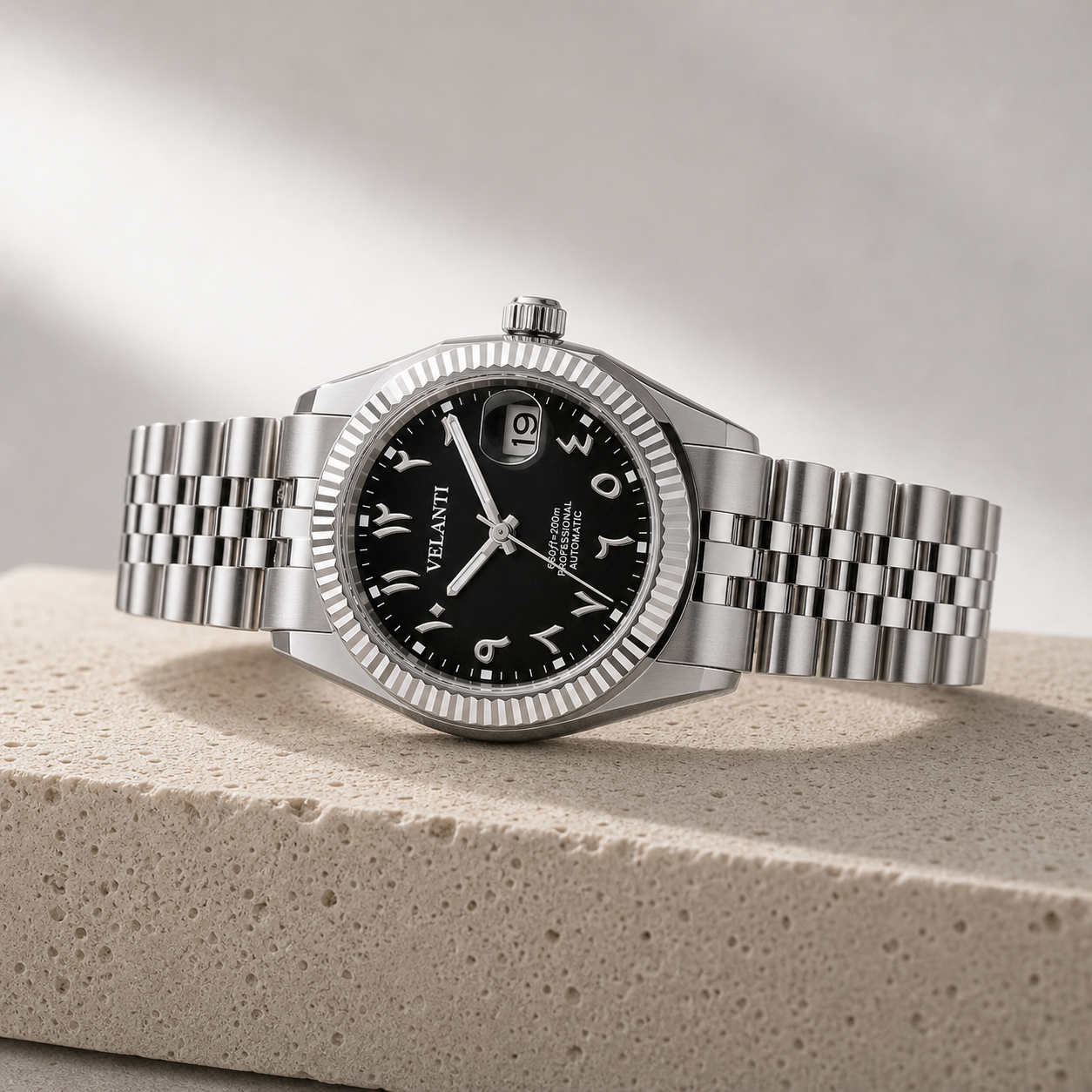 Datejust-style custom mod watch, Velanti Milano Veljust Black Arabic, angled product photo