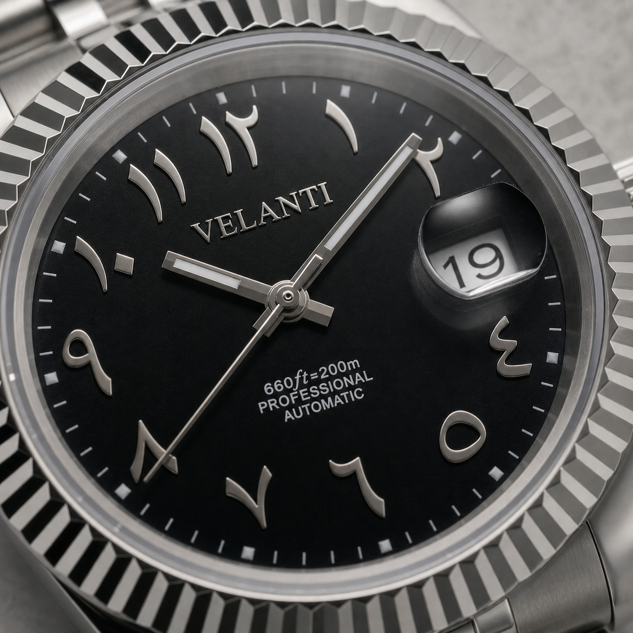 Datejust-style custom automatic watch, Velanti Milano Veljust Black Arabic, dial close-up