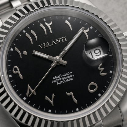Datejust-style custom automatic watch, Velanti Milano Veljust Black Arabic, dial close-up