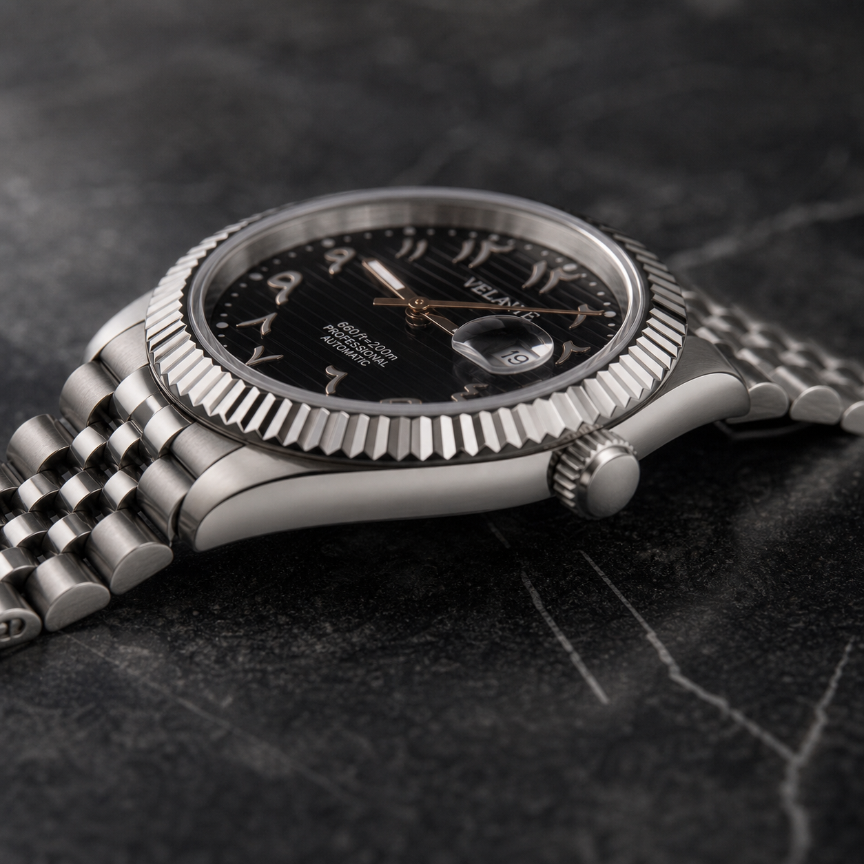Datejust-style custom automatic watch, Velanti Milano Veljust Black Arabic, side profile photo