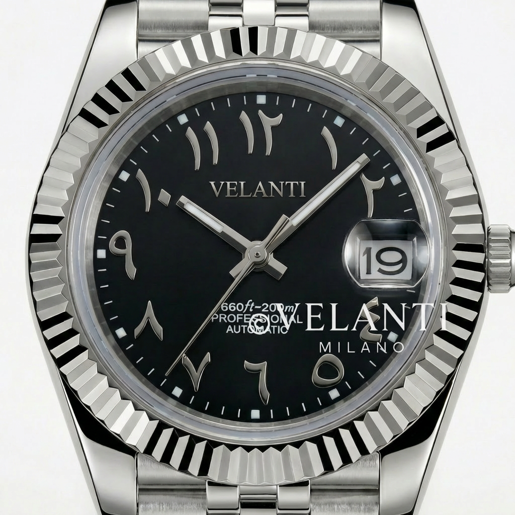 Datejust-style custom mod watch, Velanti Milano Veljust Black Arabic, product photo 7