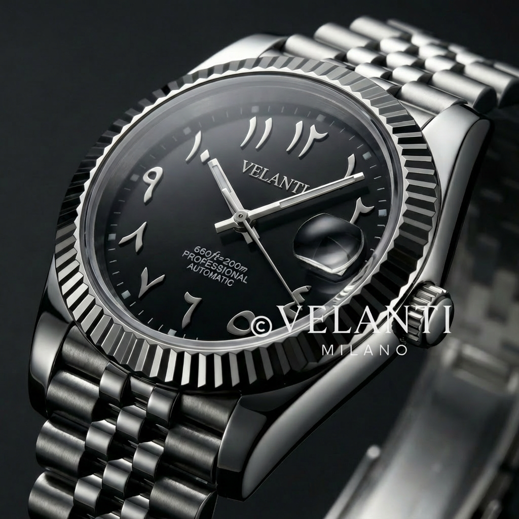 Datejust-style custom mod watch, Velanti Milano Veljust Black Arabic, product photo 8