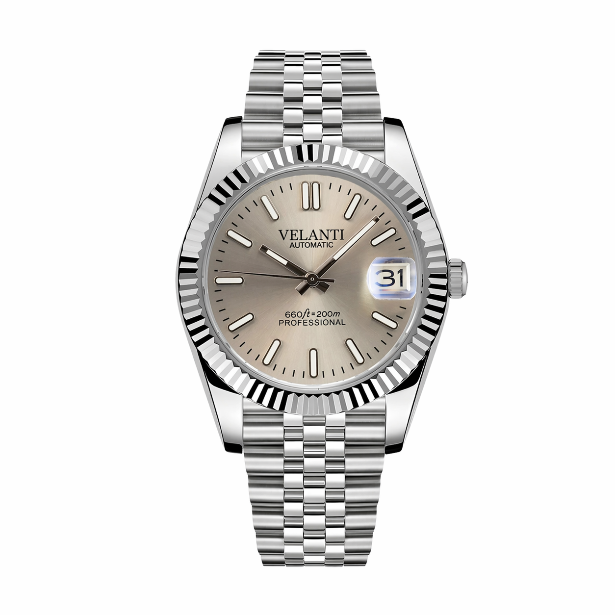 Datejust-style custom mod watch, Velanti Milano Veljust Champagne, main product photo