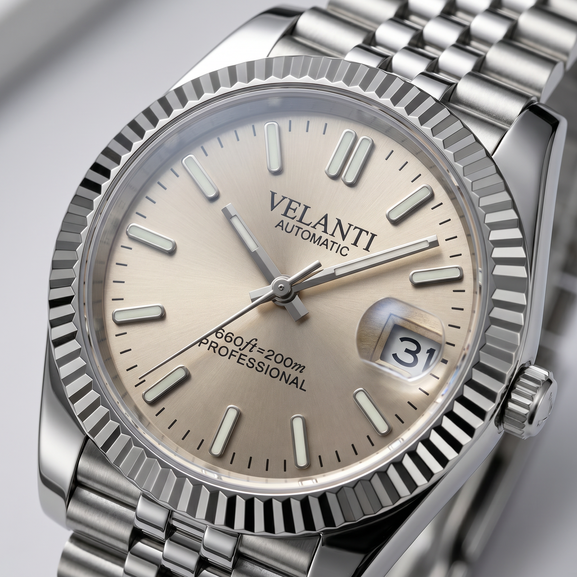 Datejust-style custom mod watch, Velanti Milano Veljust Champagne, product photo 2