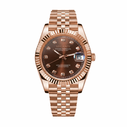 Datejust-style custom mod watch, Velanti Milano Veljust Chocolate Crystals Rose Gold, main product photo