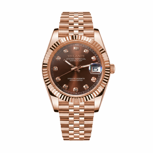 Datejust-style custom mod watch, Velanti Milano Veljust Chocolate Crystals Rose Gold, main product photo