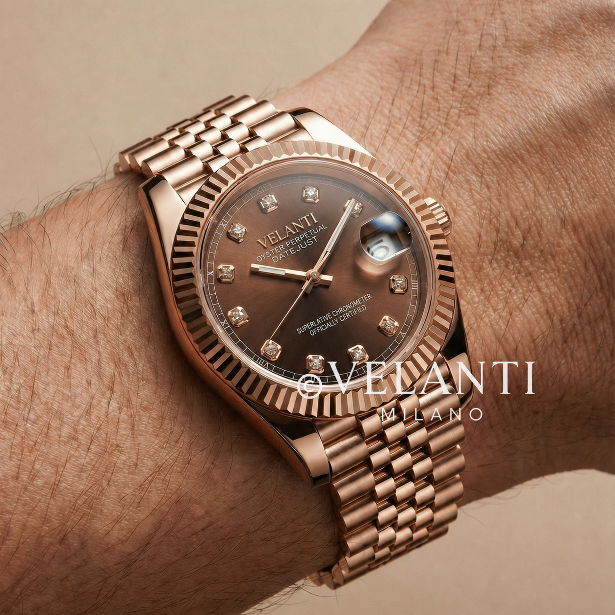 Datejust-style custom mod watch, Velanti Milano Veljust Chocolate Crystals Rose Gold, product photo 2