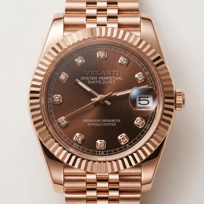 Datejust-style custom mod watch, Velanti Milano Veljust Chocolate Crystals Rose Gold, product photo 3