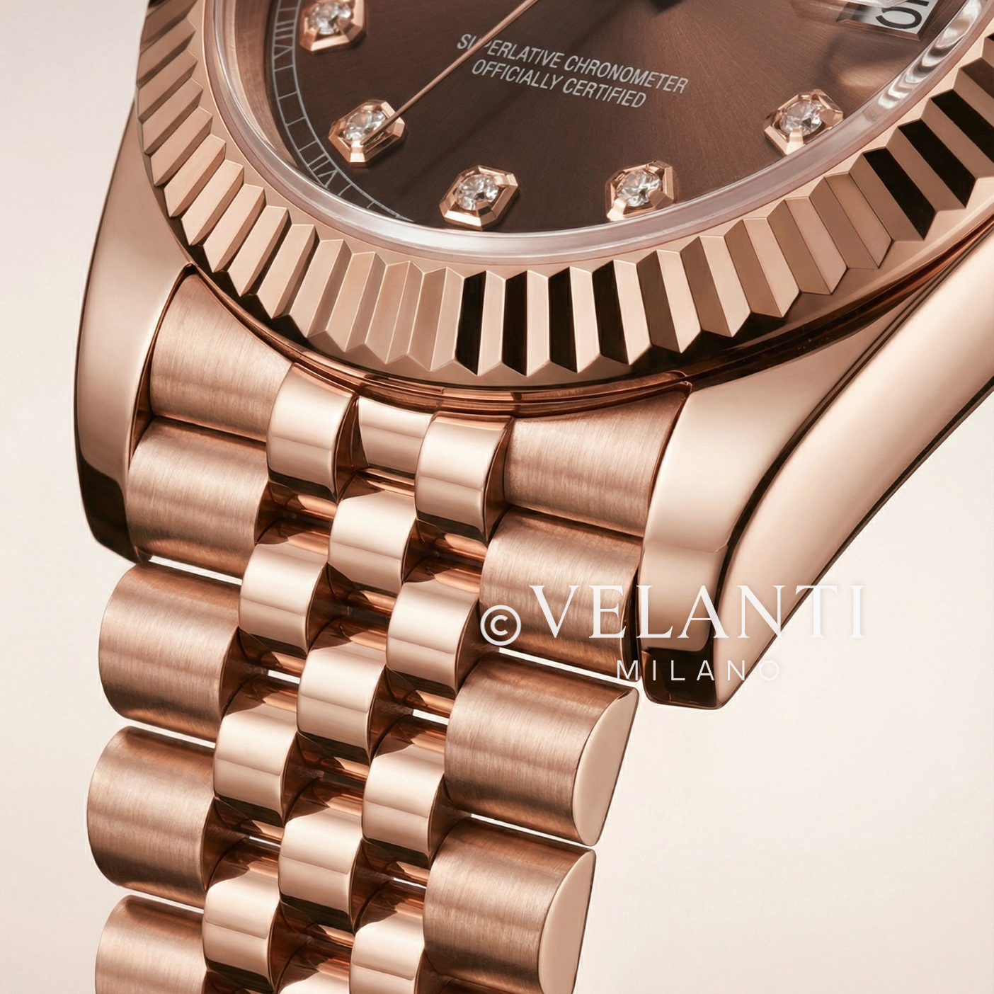 Datejust-style custom mod watch, Velanti Milano Veljust Chocolate Crystals Rose Gold, product photo 6