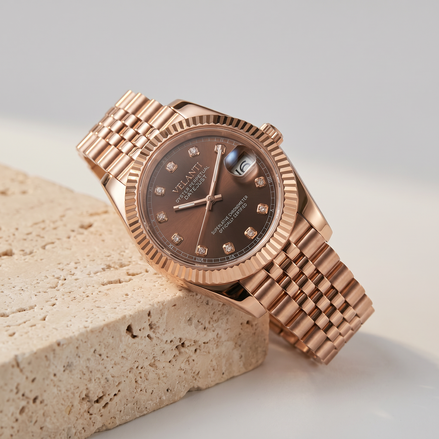 Datejust-style custom mod watch, Velanti Milano Veljust Chocolate Crystals Rose Gold, product photo 4