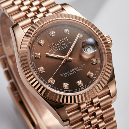 Datejust-style custom mod watch, Velanti Milano Veljust Chocolate Crystals Rose Gold, product photo 5