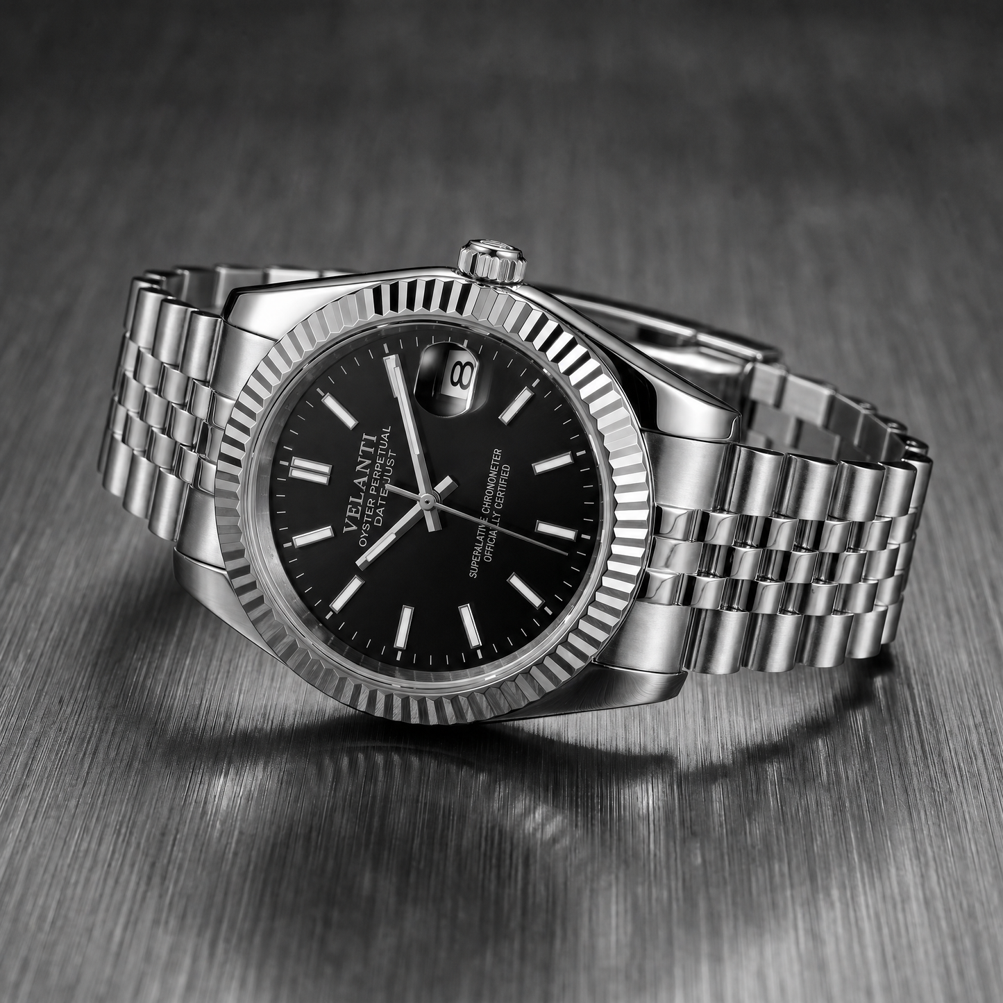 Datejust-style custom automatic watch, Velanti Milano Veljust Classic Black, bracelet detail photo