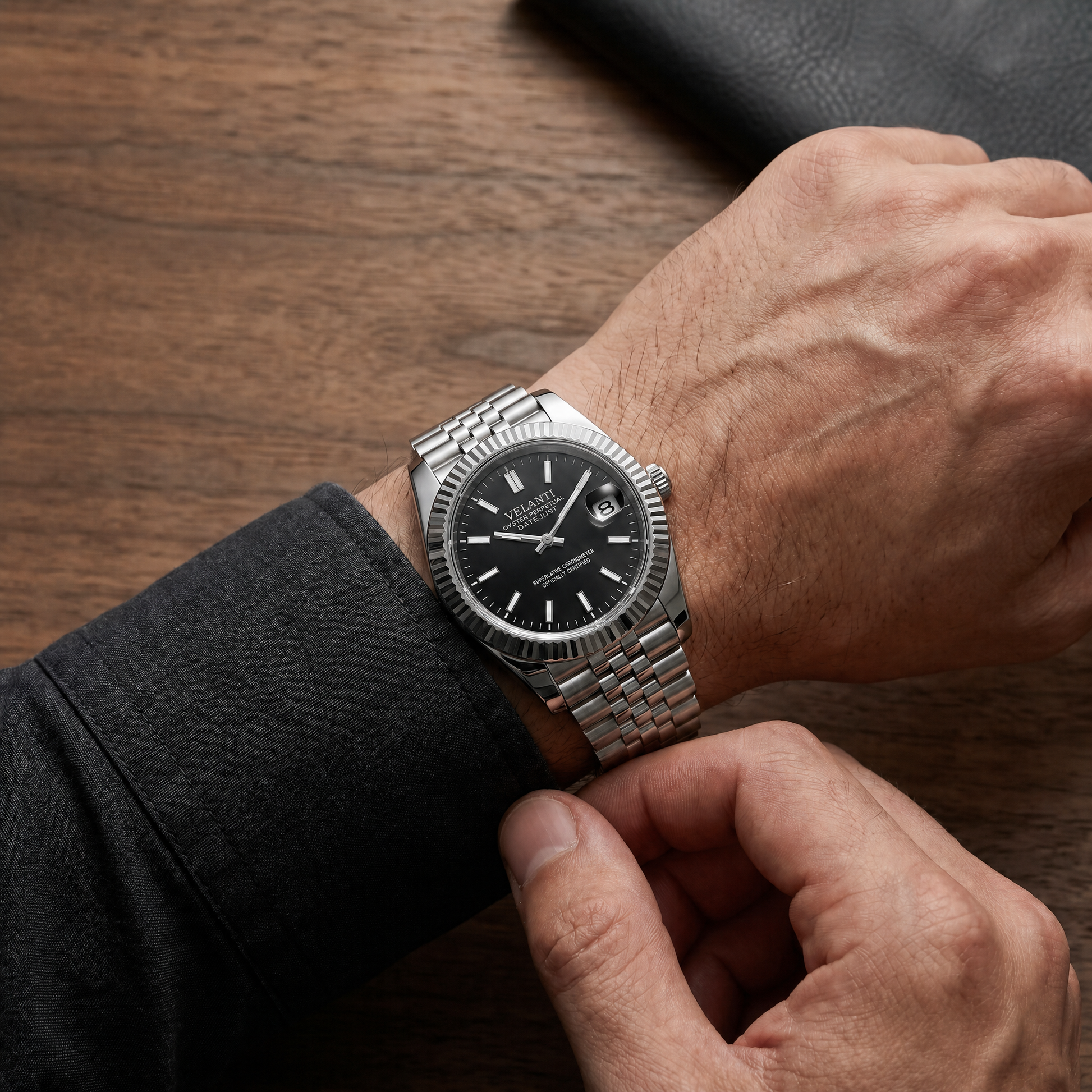 Datejust-style custom mod watch, Velanti Milano Veljust Classic Black worn on wrist photo 9
