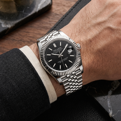Datejust-style custom mod watch, Velanti Milano Veljust Classic Black worn on wrist photo 10