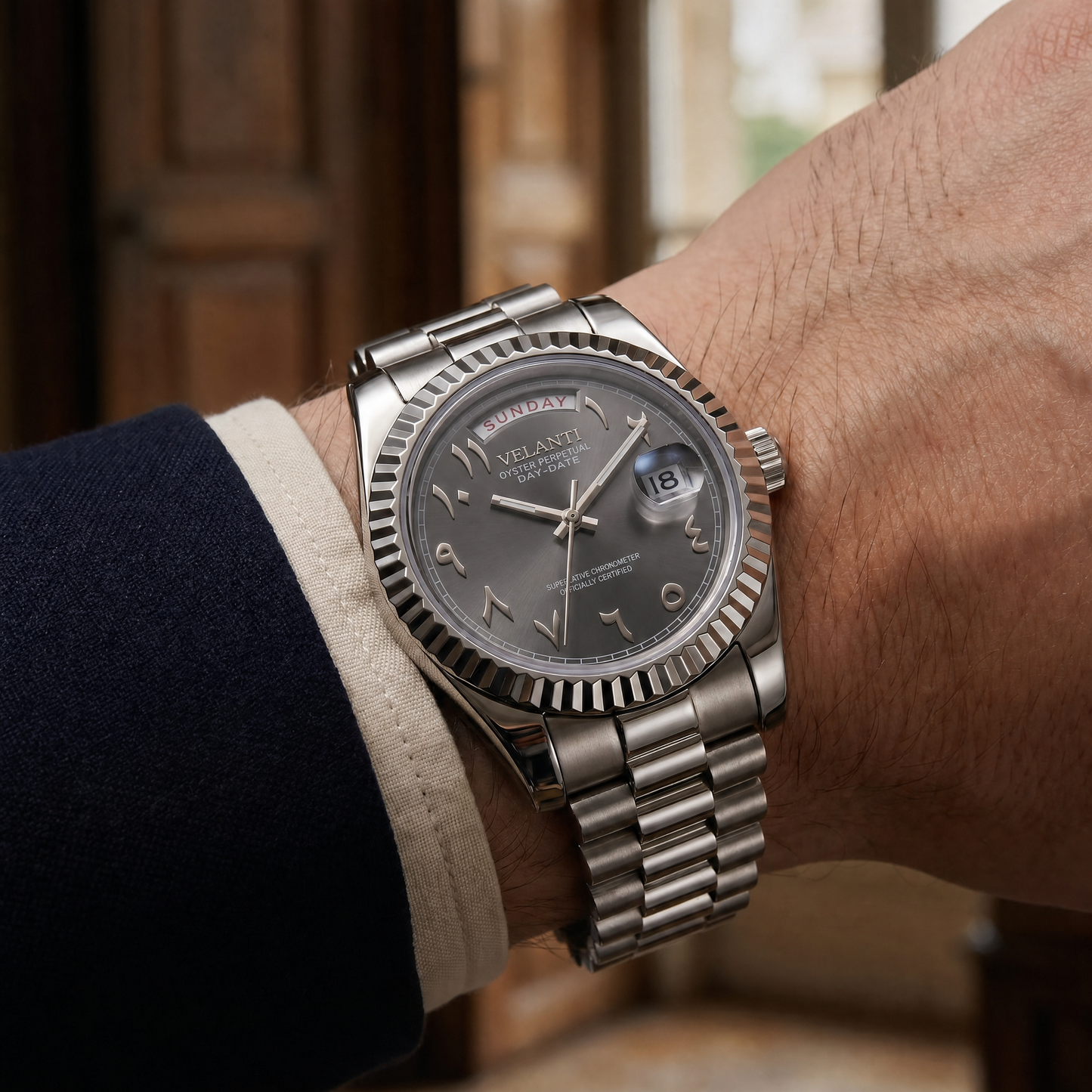 Datejust-style custom mod watch, Velanti Milano Veljust Daydate Arabic Deep Grey, product photo 4