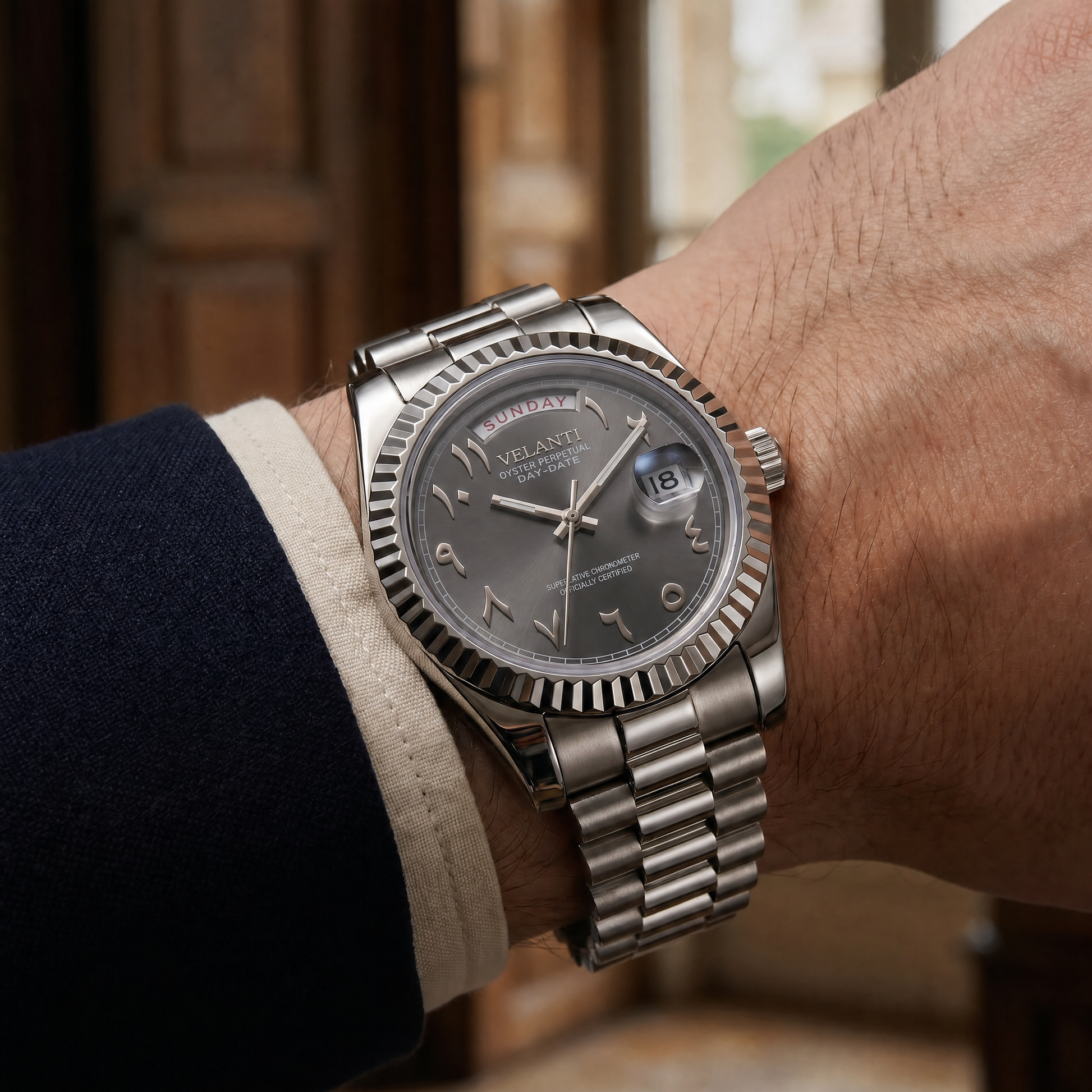 Datejust-style custom mod watch, Velanti Milano Veljust Daydate Arabic Deep Grey, product photo 4
