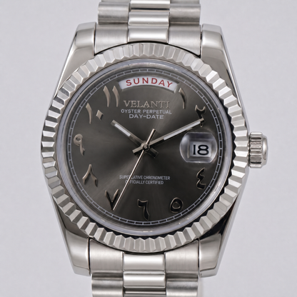 Datejust-style custom automatic watch, Velanti Milano Veljust Daydate Arabic Deep Grey, watch detail photo