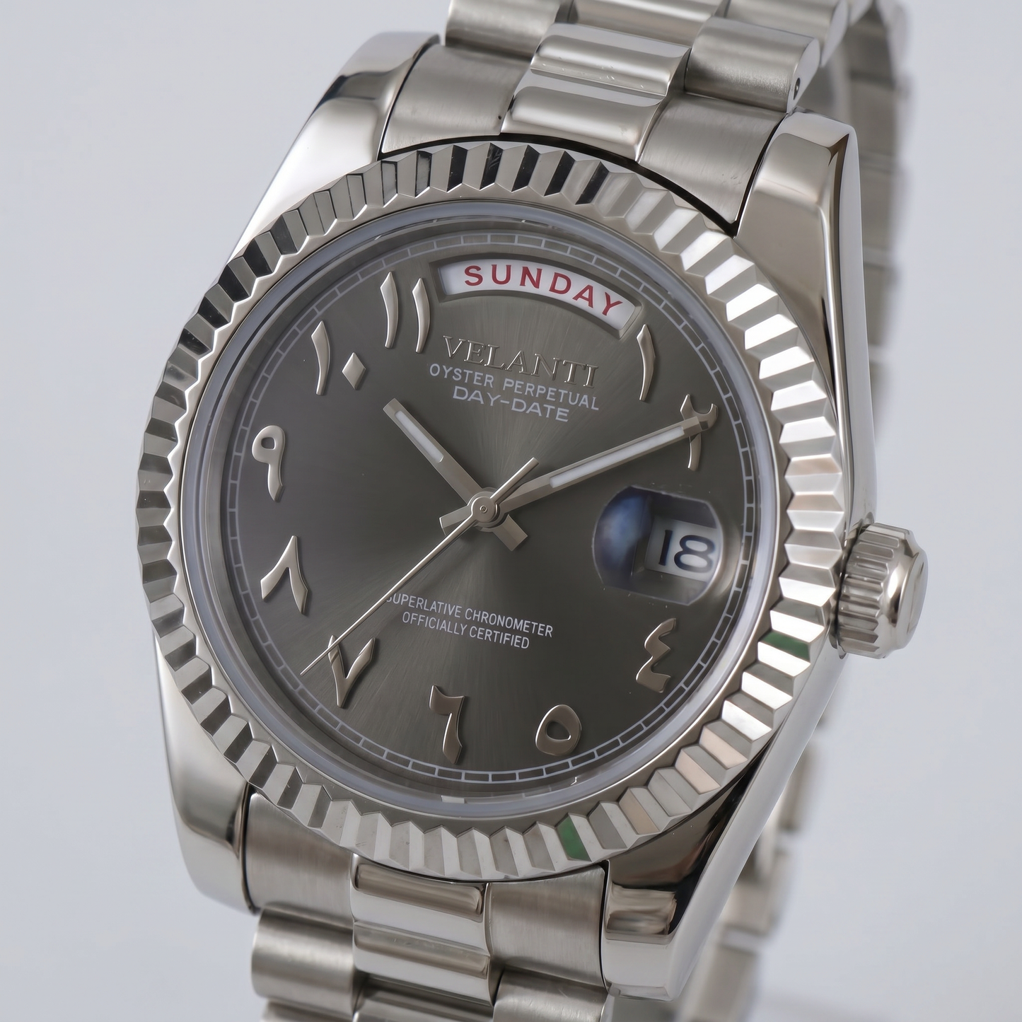 Datejust-style custom mod watch, Velanti Milano Veljust Daydate Arabic Deep Grey, product photo 3