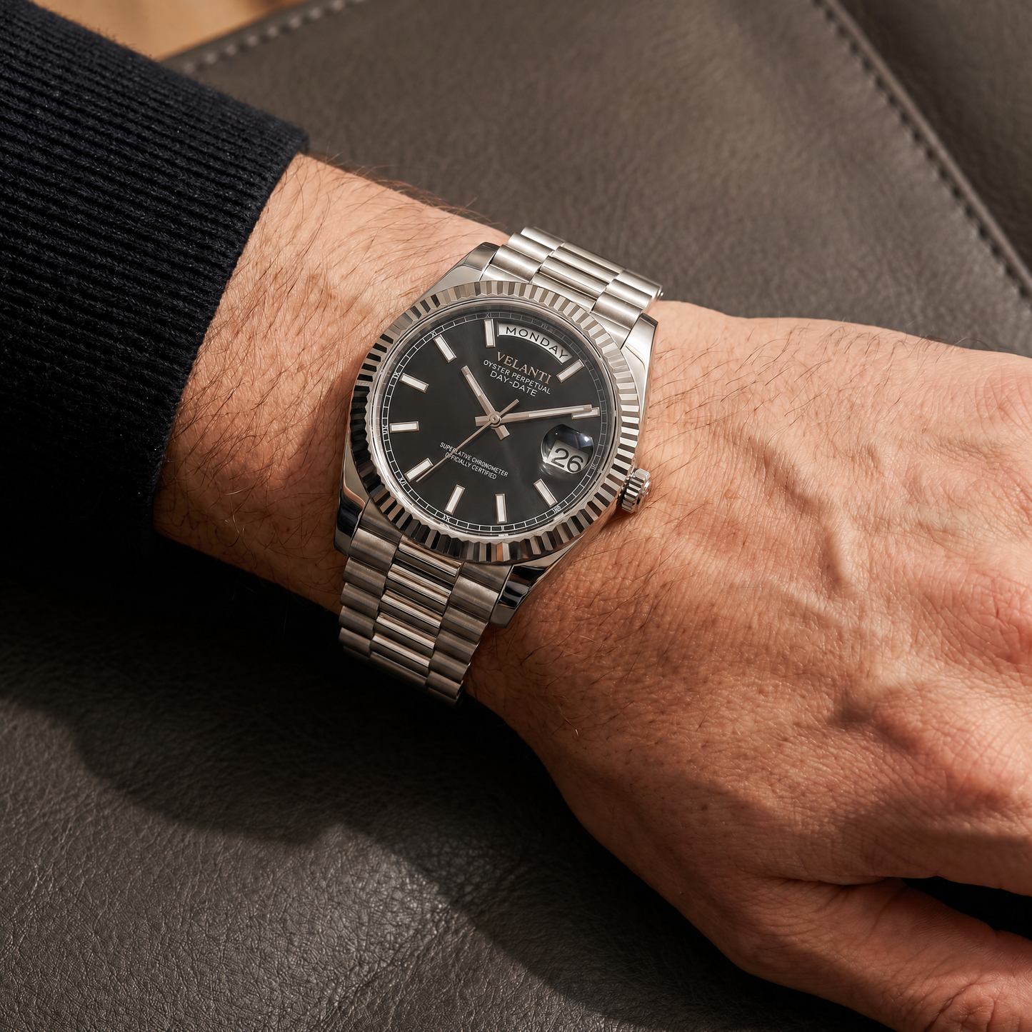 Datejust-style custom mod watch, Velanti Milano Veljust Daydate Classic Black worn on wrist photo 8