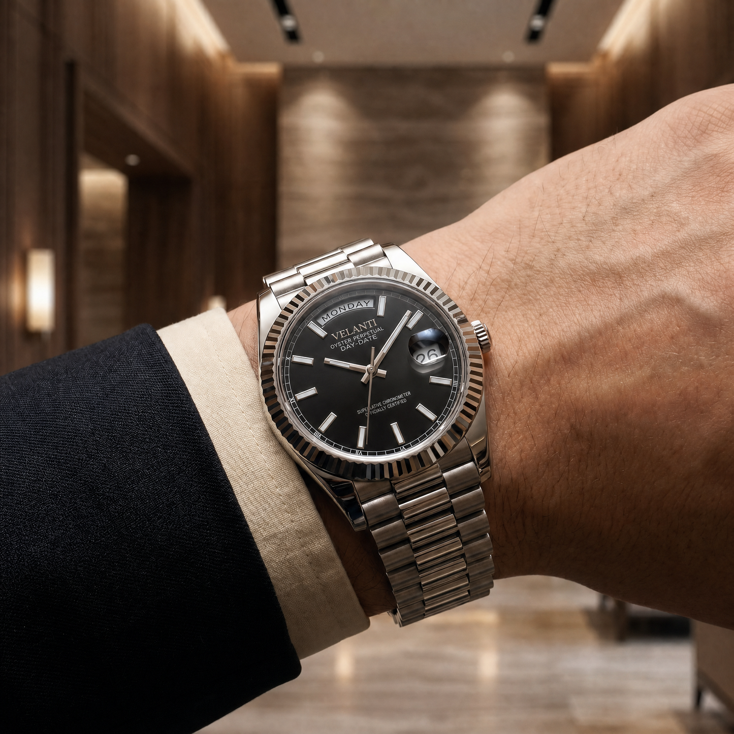 Datejust-style custom mod watch, Velanti Milano Veljust Daydate Classic Black, product photo 10