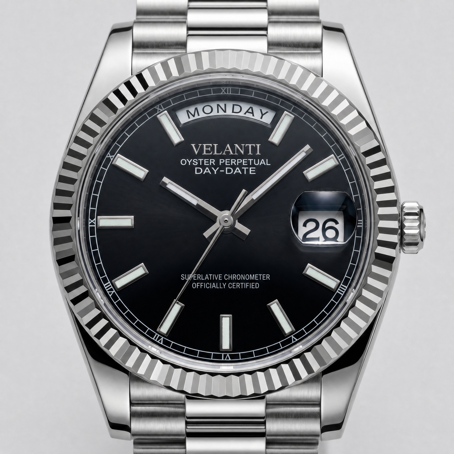 Datejust-style custom automatic watch, Velanti Milano Veljust Daydate Classic Black, watch detail photo 11