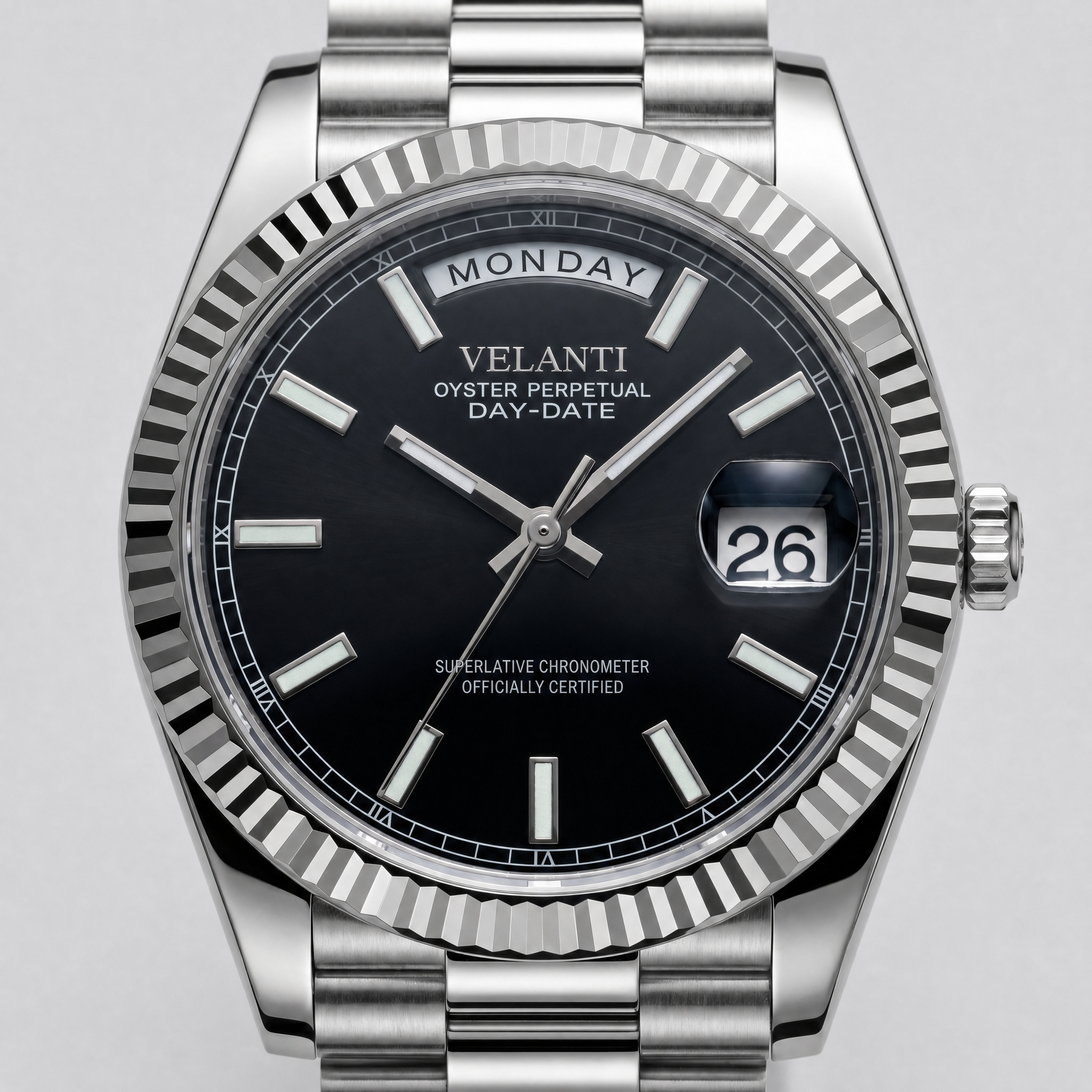 Datejust-style custom automatic watch, Velanti Milano Veljust Daydate Classic Black, watch detail photo 11