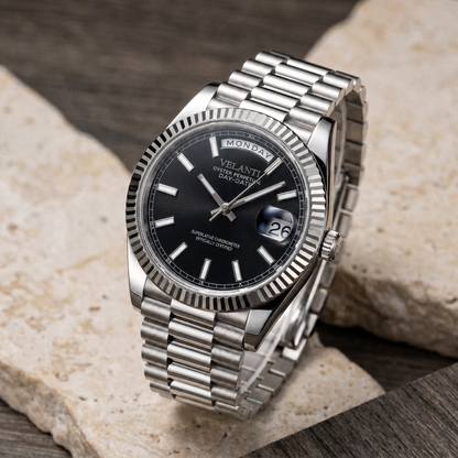 Datejust-style custom automatic watch, Velanti Milano Veljust Daydate Classic Black, watch detail photo 12