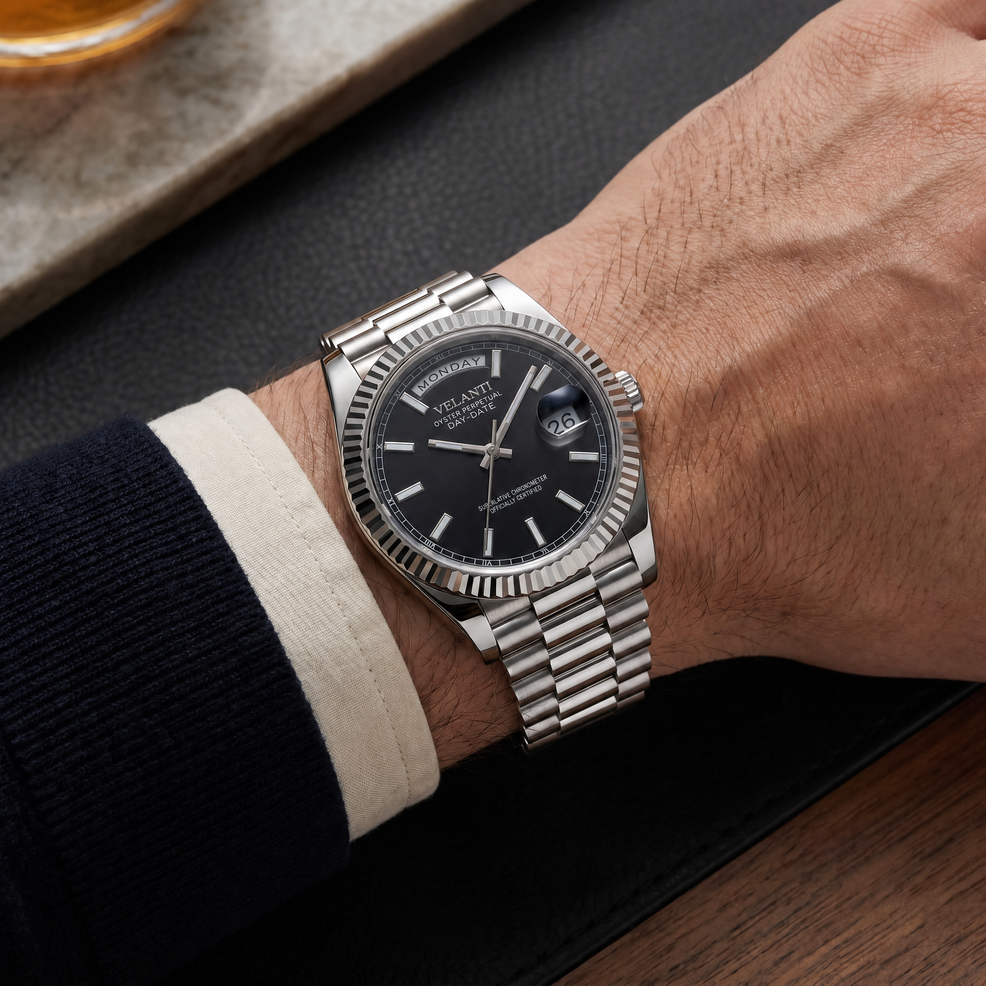 Datejust-style custom mod watch, Velanti Milano Veljust Daydate Classic Black worn on wrist photo 13