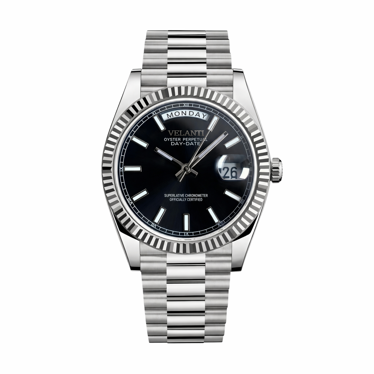 Datejust-style custom mod watch, Velanti Milano Veljust Daydate Classic Black, main product photo