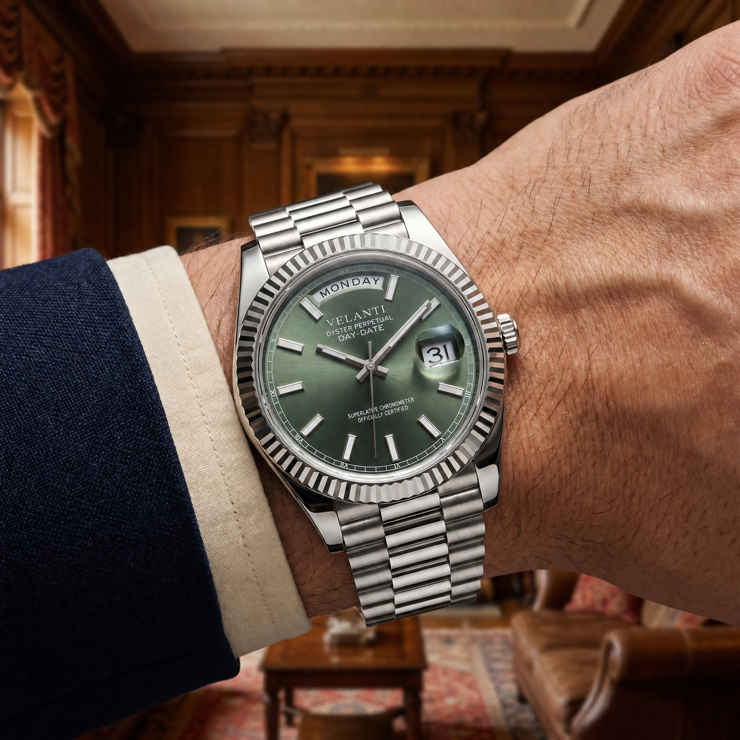 Datejust-style custom mod watch, Velanti Milano Veljust Daydate Mint Green, product photo 5