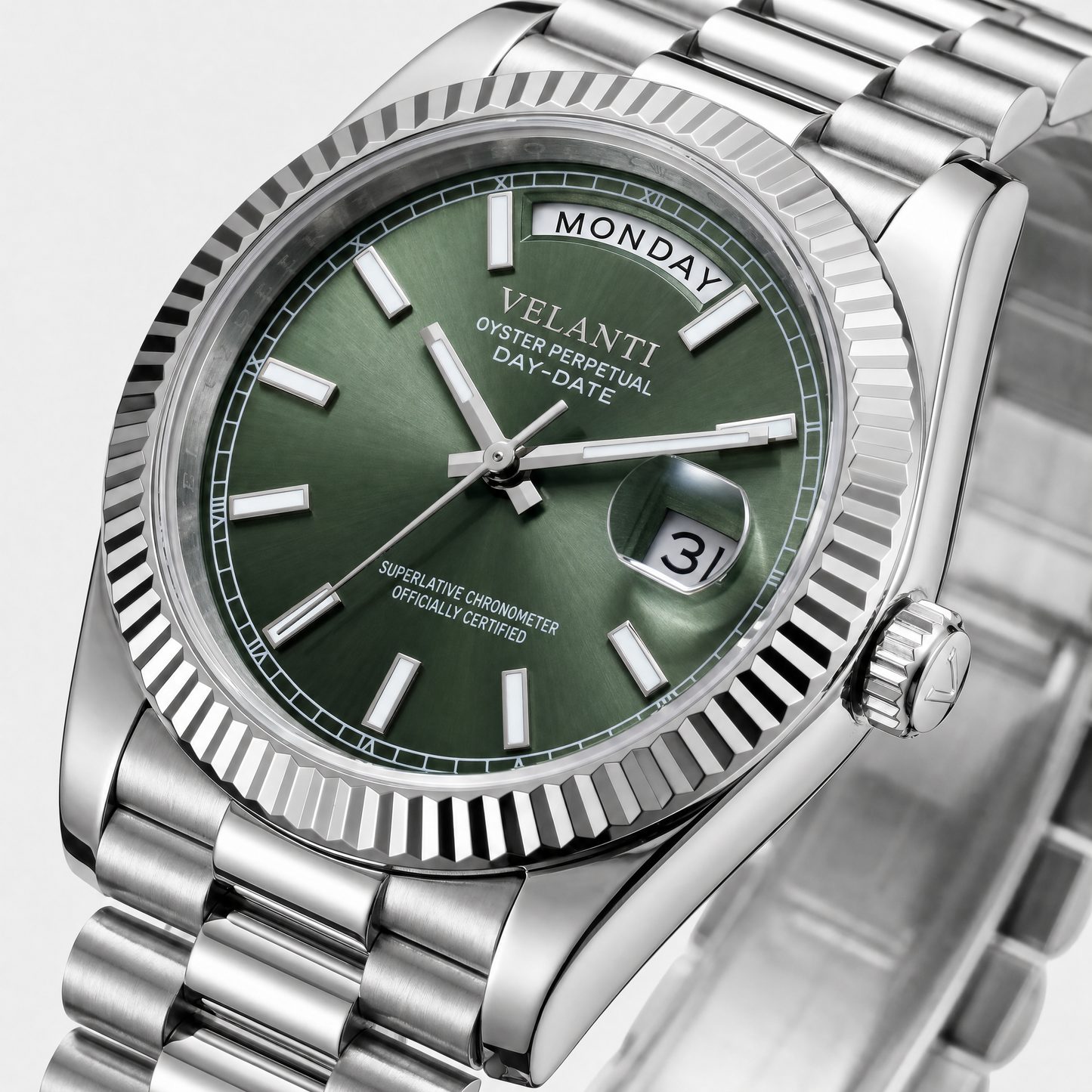Datejust-style custom automatic watch, Velanti Milano Veljust Daydate Mint Green, watch detail photo 6