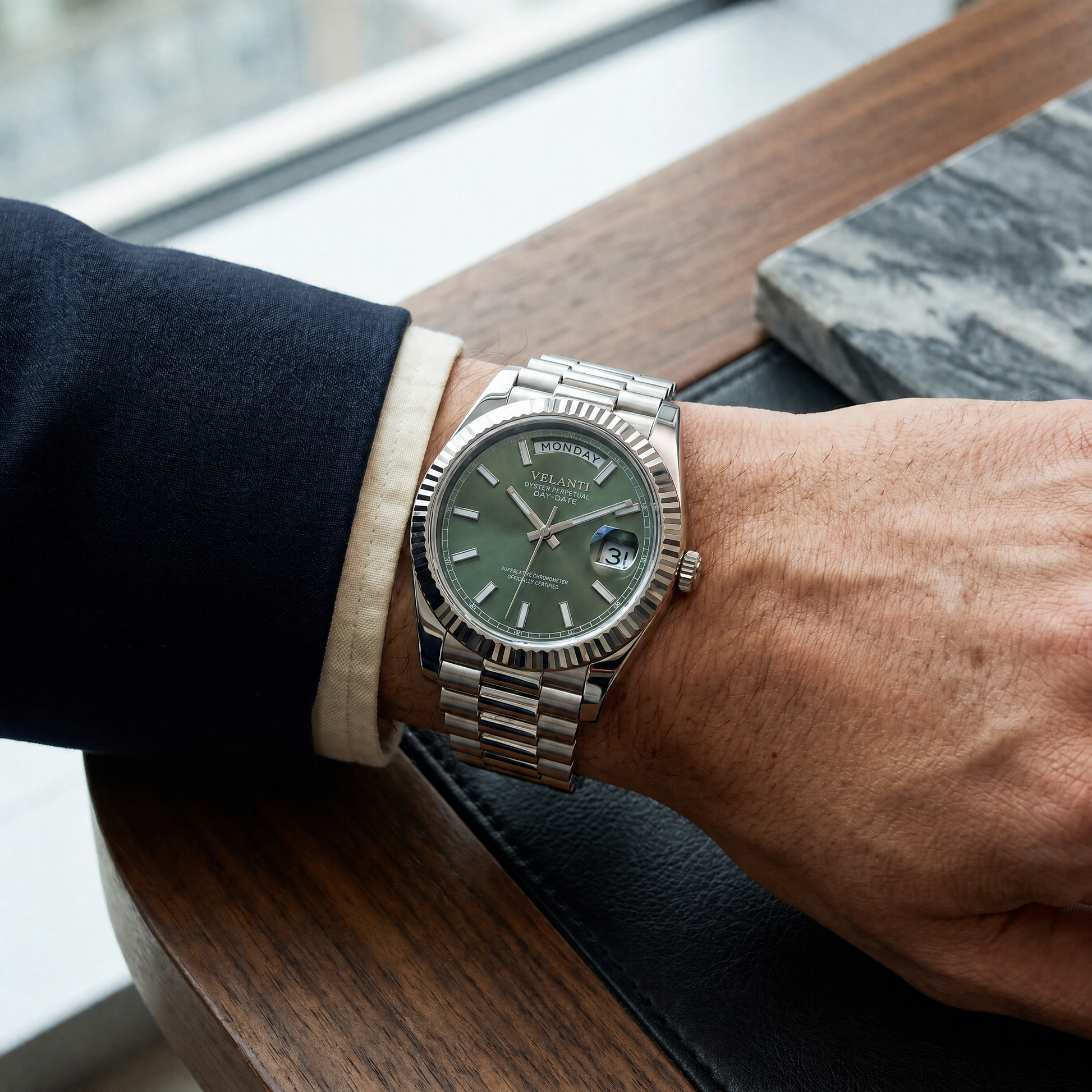 Datejust-style custom mod watch, Velanti Milano Veljust Daydate Mint Green worn on wrist