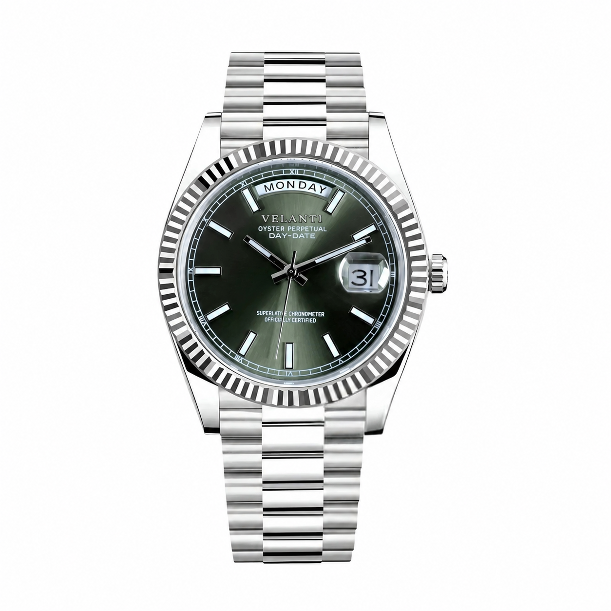 Datejust-style custom mod watch, Velanti Milano Veljust Daydate Mint Green, main product photo