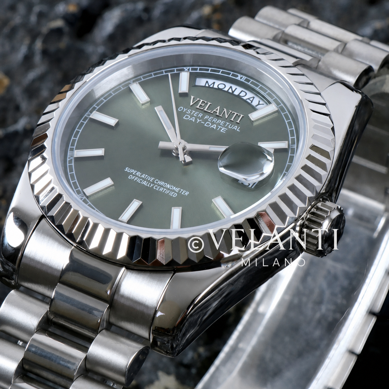 Datejust-style custom mod watch, Velanti Milano Veljust Daydate Mint Green, product photo 2