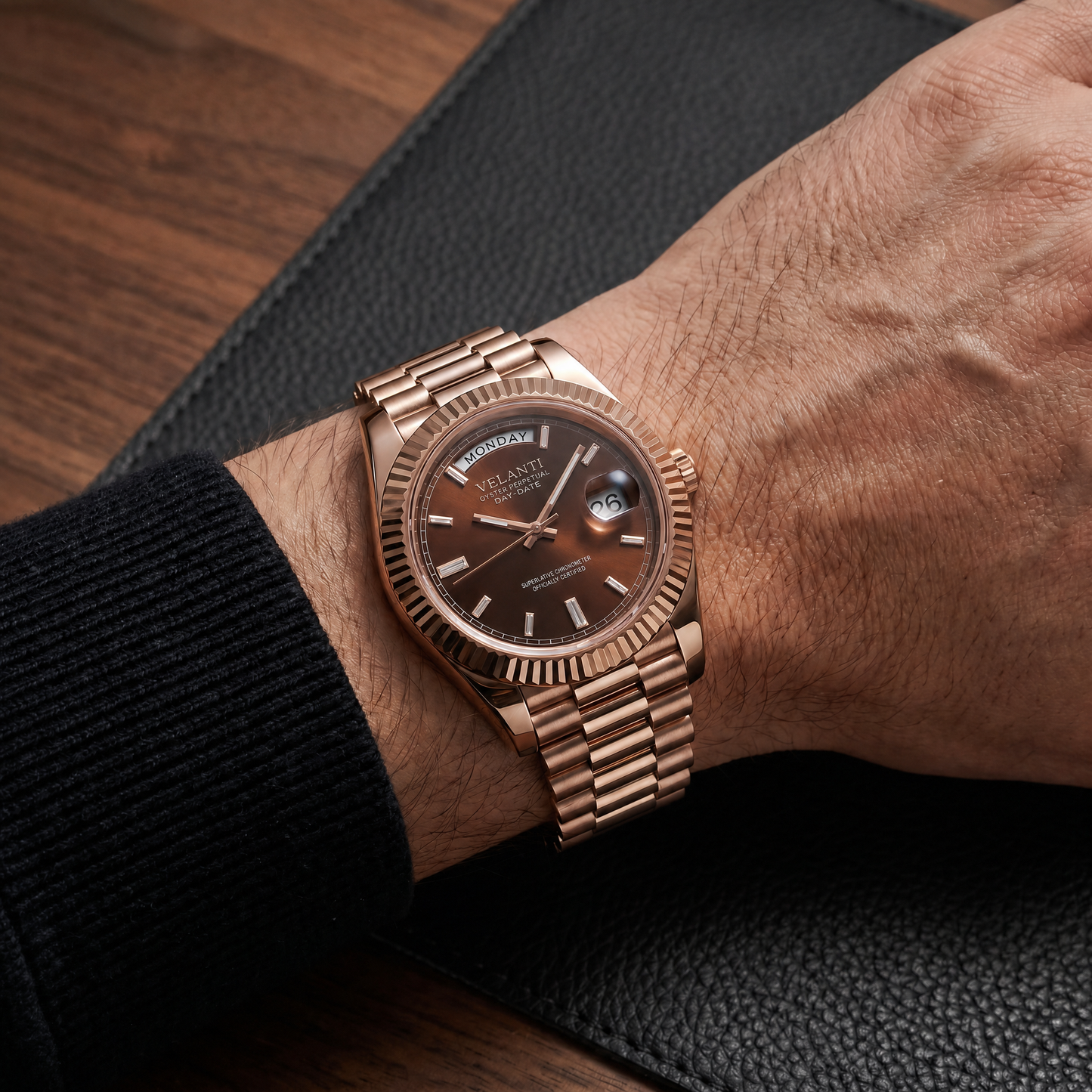 Datejust-style custom mod watch, Velanti Milano Veljust Daydate Rose Gold Chocolate worn on wrist photo 6