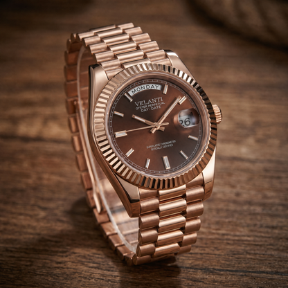 Datejust-style custom automatic watch, Velanti Milano Veljust Daydate Rose Gold Chocolate, bracelet detail photo