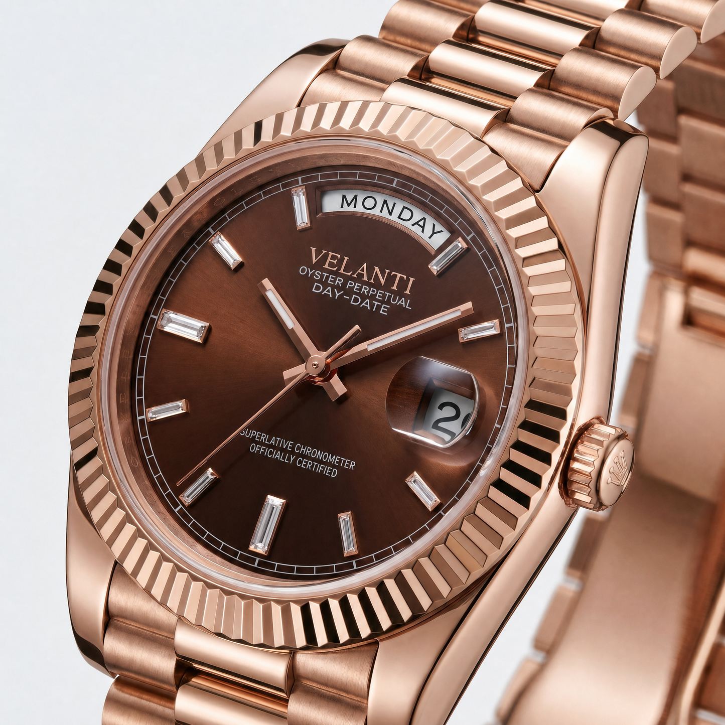 Datejust-style custom automatic watch, Velanti Milano Veljust Daydate Rose Gold Chocolate, watch detail photo