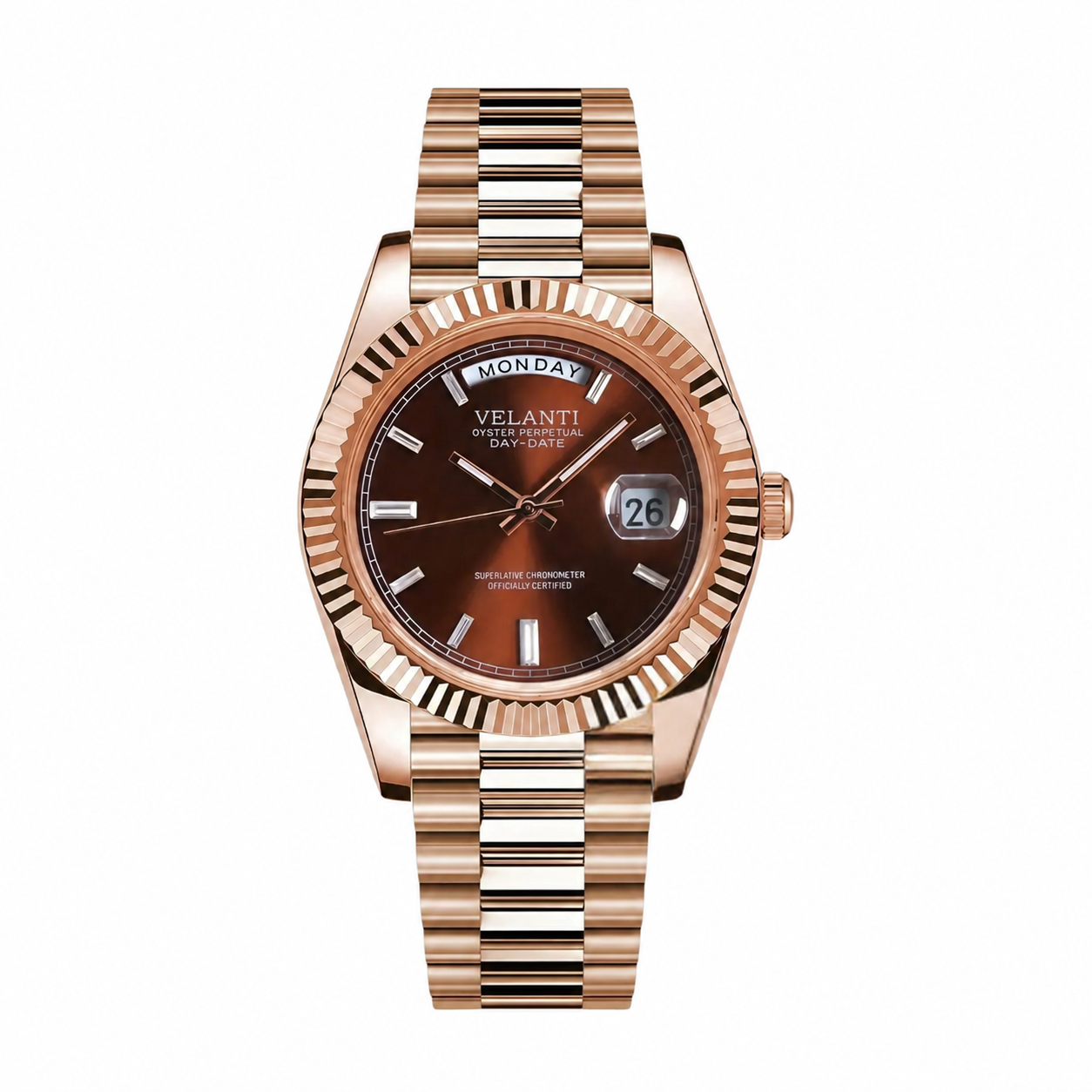 Datejust-style custom mod watch, Velanti Milano Veljust Daydate Rose Gold Chocolate, main product photo