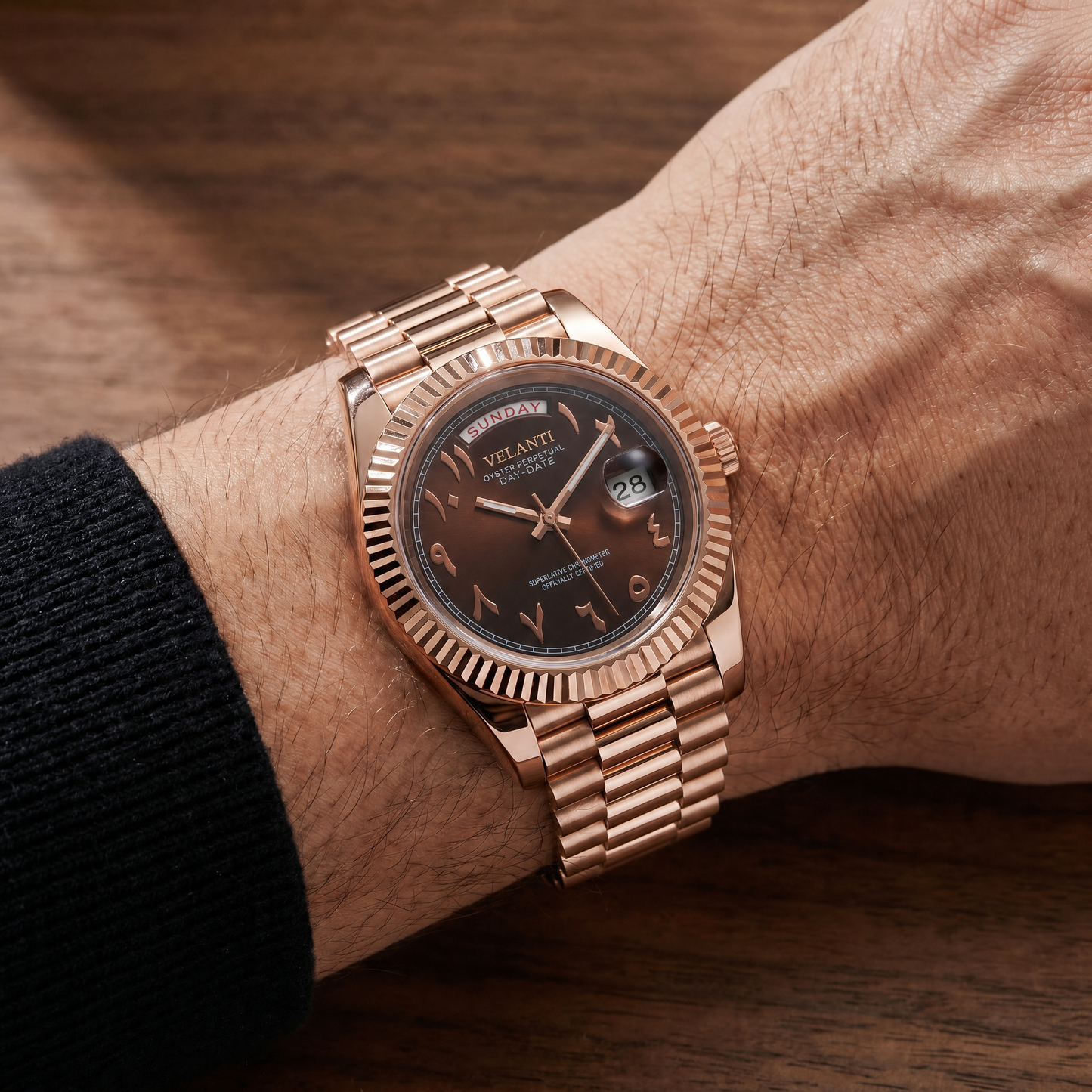 Datejust-style custom mod watch, Velanti Milano Veljust Daydate Rose Gold Chocolate Arabic worn on wrist photo 3