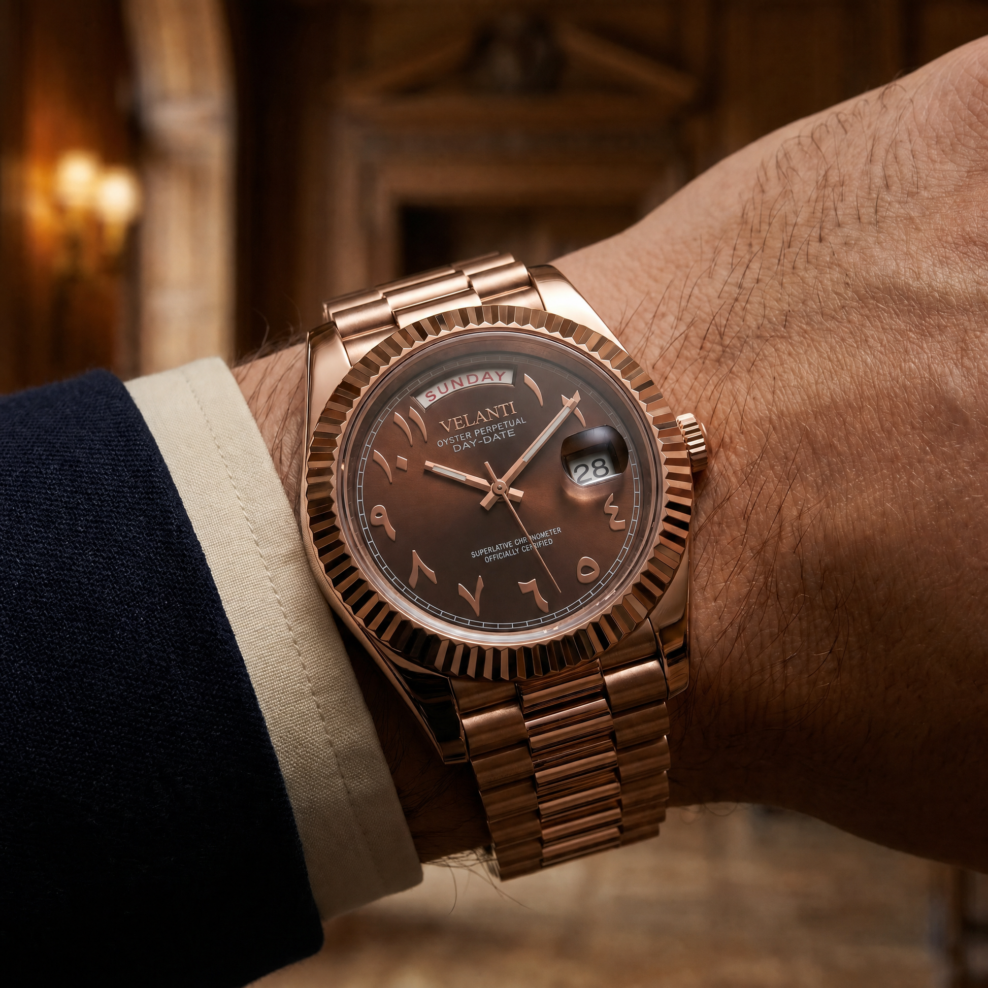 Datejust-style custom mod watch, Velanti Milano Veljust Daydate Rose Gold Chocolate Arabic, product photo 4