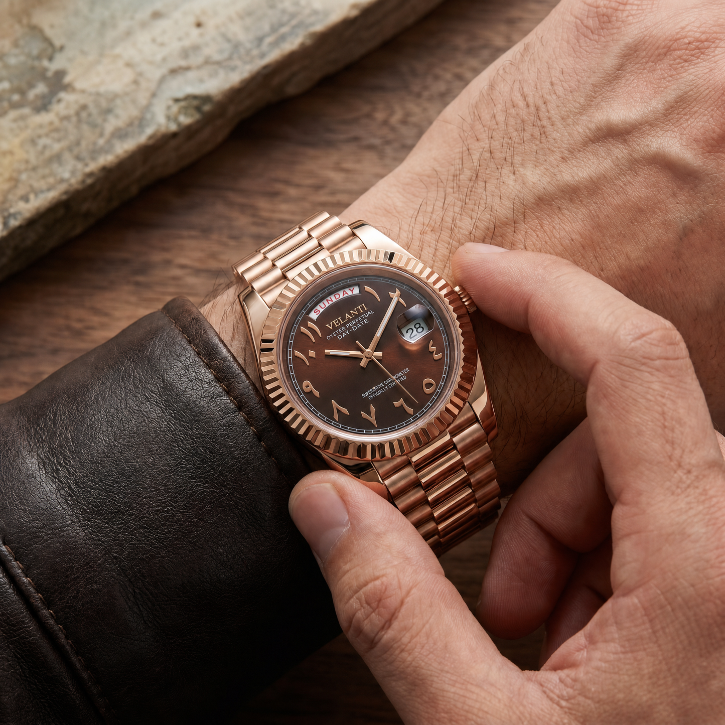 Datejust-style custom mod watch, Velanti Milano Veljust Daydate Rose Gold Chocolate Arabic worn on wrist photo 5