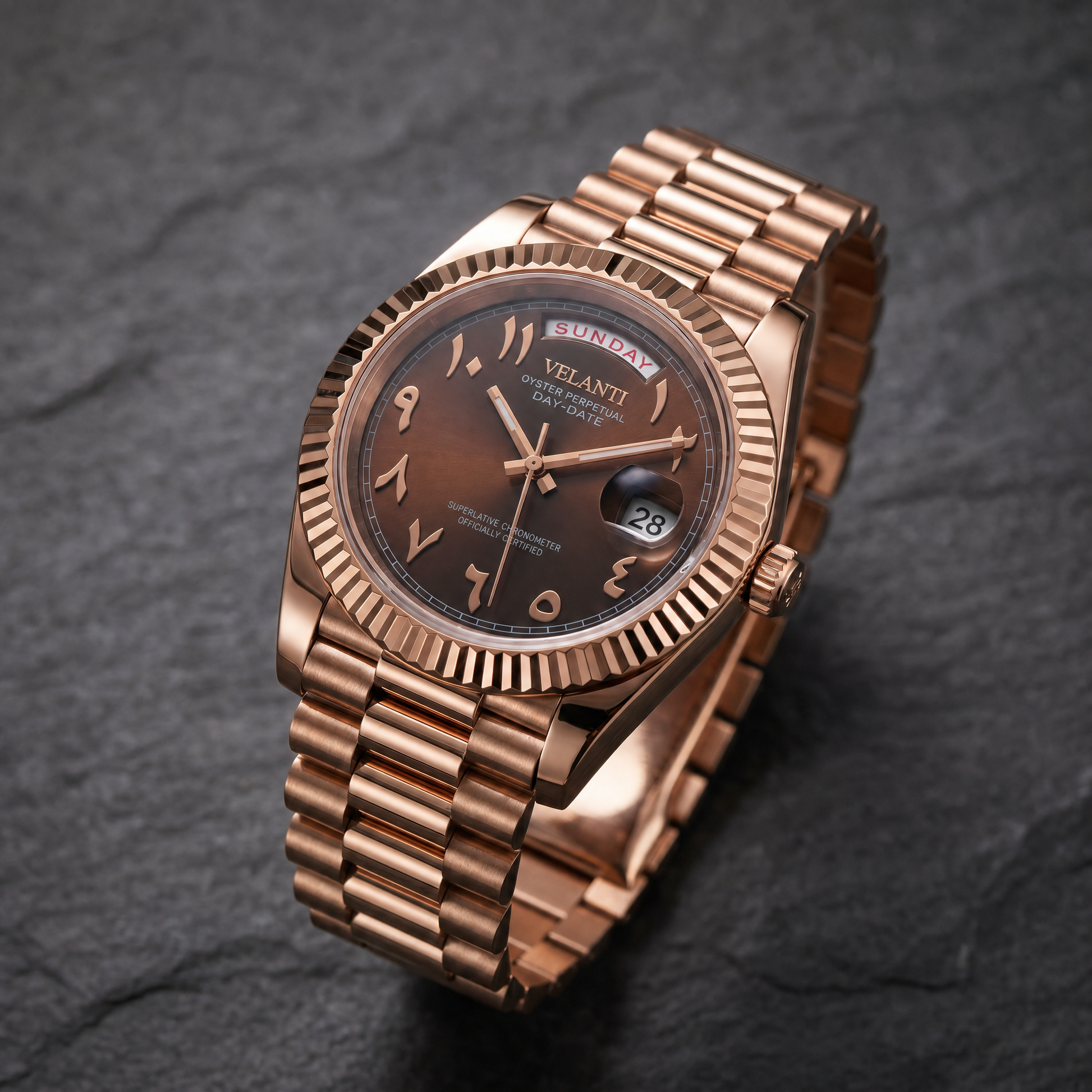 Datejust-style custom automatic watch, Velanti Milano Veljust Daydate Rose Gold Chocolate Arabic, watch detail photo